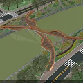 Curved Wooden Landscape Bridge Connecting Crossroads With Green Trees And Pathways