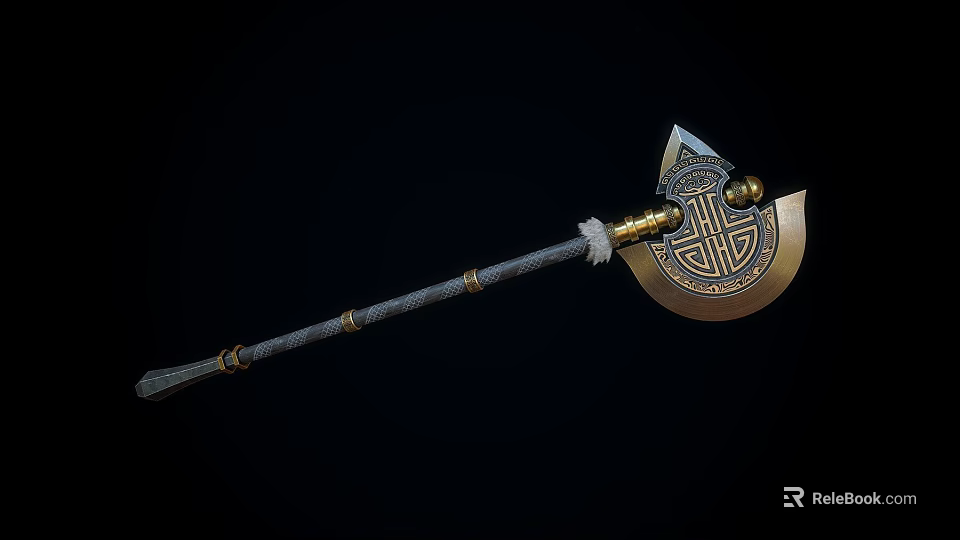 Medieval Battle Axe With Golden Head Intricate Patterns Gray Handle And Decorative Metal Rings 3d model 