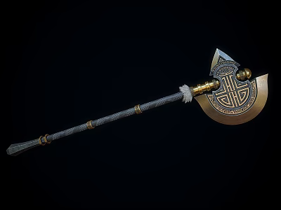 Medieval Battle Axe With Golden Head Intricate Patterns Gray Handle And Decorative Metal Rings 3d model