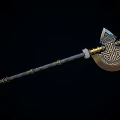 Medieval Battle Axe With Golden Head Intricate Patterns Gray Handle And Decorative Metal Rings