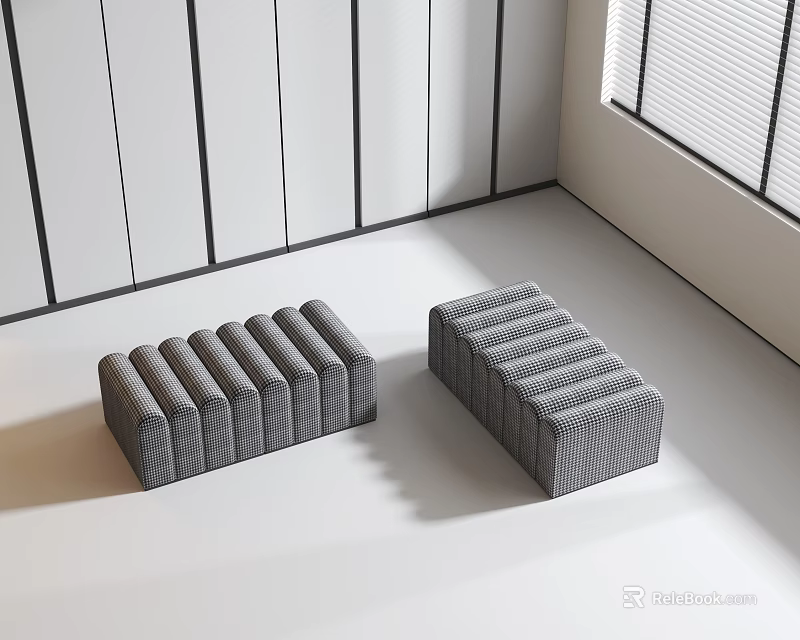 Two Gray Modern Sofa Stools In Bright Interior With White Floor And Black Lined Walls 3d model