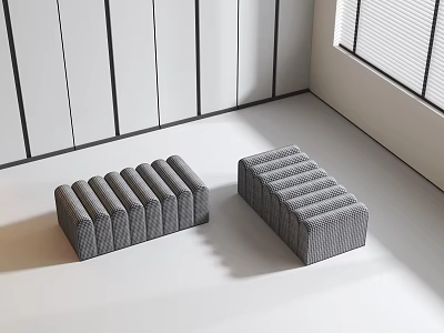Two Gray Modern Sofa Stools In Bright Interior With White Floor And Black Lined Walls 3d model