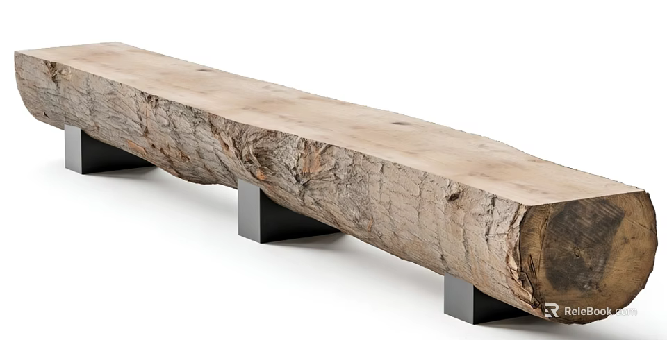 Wood Log Bench with Natural Grain Texture and Black Metal Support Legs for Modern Decor 3d model 