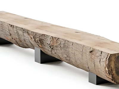 Wood Log Bench with Natural Grain Texture and Black Metal Support Legs for Modern Decor 3d model