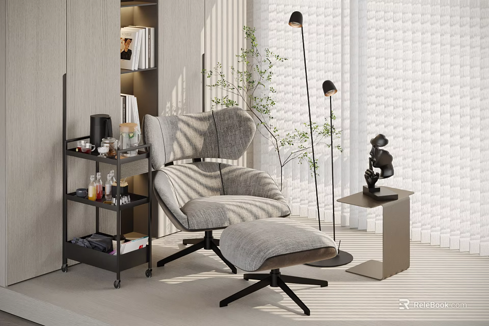 Modern Lounge Chair With Ottoman Floor Lamp And Bookshelf In Interior 3d model 