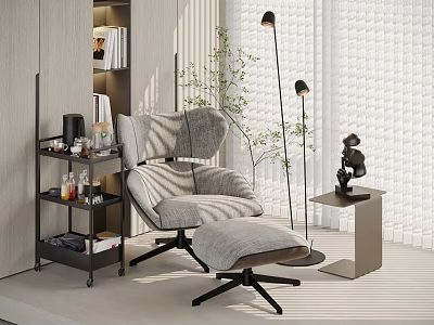 Modern Lounge Chair With Ottoman Floor Lamp And Bookshelf In Interior 3d model
