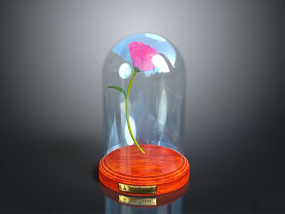 Pink Rose Under Glass Dome With Wooden Base And Golden Plaque 3d model