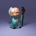Elderly Man With White Hair Smiling Holding Cane In Light Blue Robe Against Purple Background