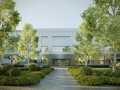 Modern Office Building Exterior With Trees Bushes Brick Pathway And Entrance 3d model