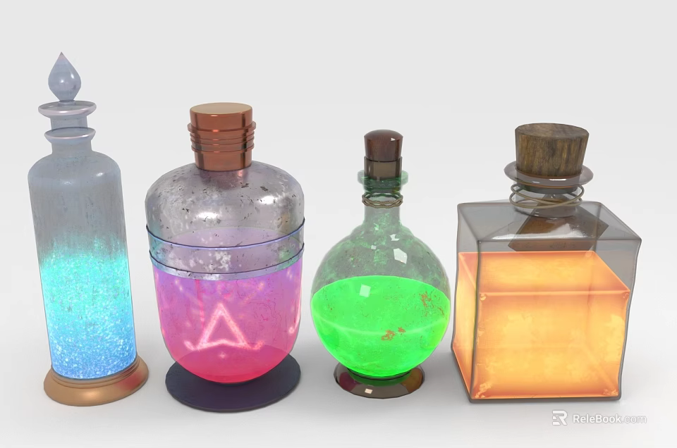 Colorful Glass Bottles Featuring Blue Pink Green Orange Liquids Various Shapes Wooden Metal Caps 3d model 