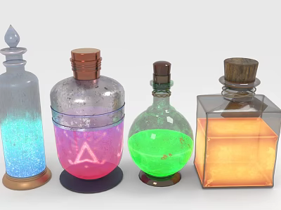Colorful Glass Bottles Featuring Blue Pink Green Orange Liquids Various Shapes Wooden Metal Caps 3d model