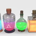 Colorful Glass Bottles Featuring Blue Pink Green Orange Liquids Various Shapes Wooden Metal Caps