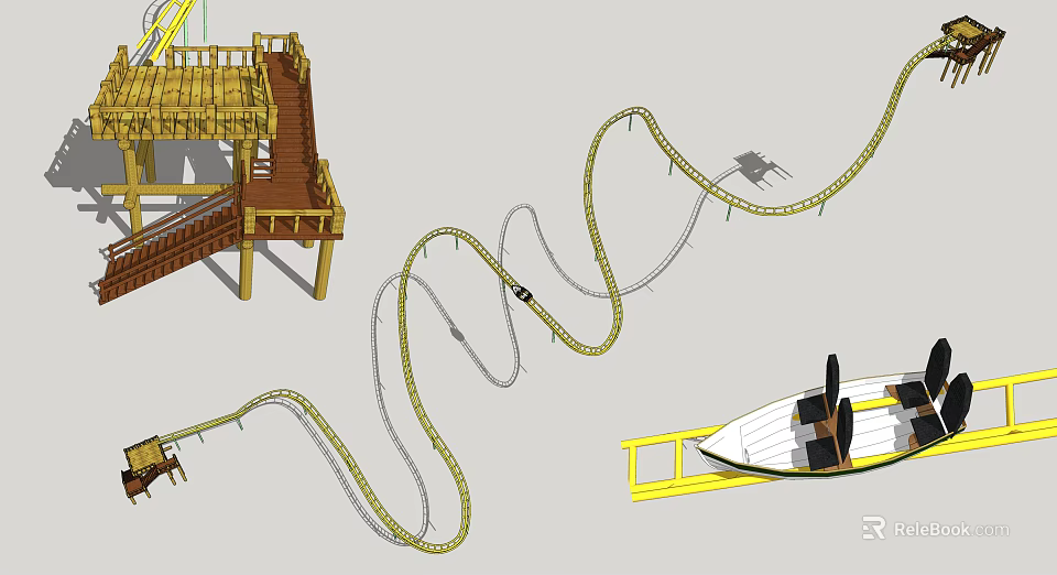Wooden Platform And Roller Coaster Track Structure With Metal Supports And Design Elements 3d model