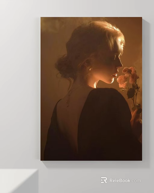 Vintage Style Female Portrait Painting With Soft Light And Roses In Hand 3d model 