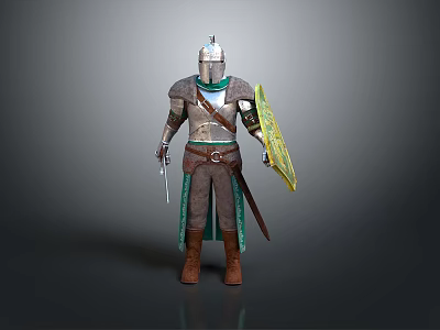 Medieval Knight in Full Body Armor With Shield Sword and Helmet 3d model