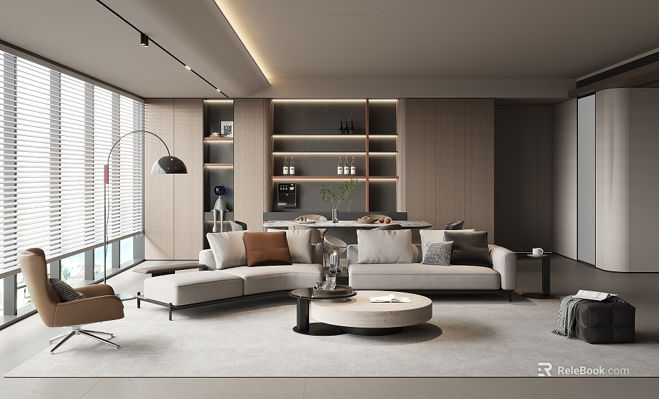 Modern Living Room Interior With Sectional Sofa Round Coffee Table Shelves And Floor Lamp 3d model 