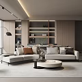 Modern Living Room Interior With Sectional Sofa Round Coffee Table Shelves And Floor Lamp