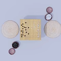 Board Game Entertainment Setup With Wooden Chessboard Black White Stones Storage Jars And Round Mats