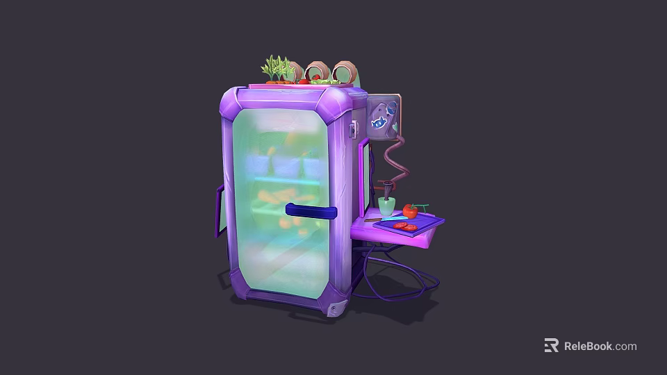 Purple Refrigerator with Transparent Door Vegetables on Top Side Table and Fruits Control Panel 3d model 