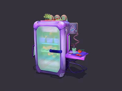 Purple Refrigerator with Transparent Door Vegetables on Top Side Table and Fruits Control Panel 3d model