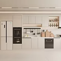Modern Kitchen Interior With White Cabinets Built in Appliances Hanging Utensils and Wooden Cutting Board