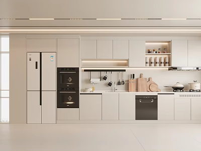 Modern Kitchen Interior With White Cabinets Built in Appliances Hanging Utensils and Wooden Cutting Board 3d model