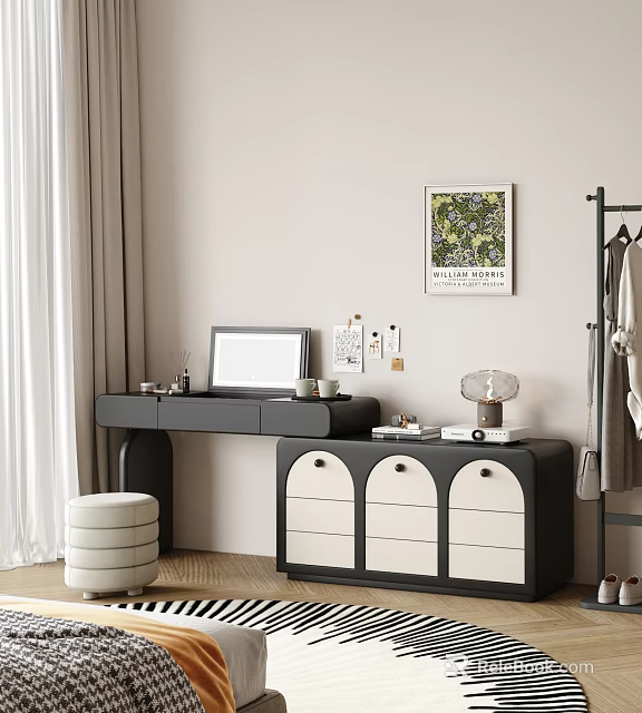Stylish Black And White Dressing Table With Drawers Stool And Wall Art 3d model 