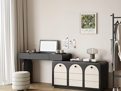 Stylish Black And White Dressing Table With Drawers Stool And Wall Art 3d model