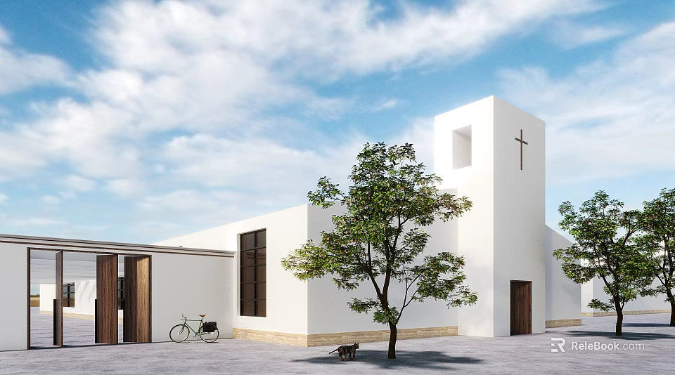 White Church Building With Cross Tree Bicycle Stone Path And Blue Sky Clouds 3d model 