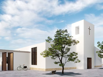 White Church Building With Cross Tree Bicycle Stone Path And Blue Sky Clouds 3d model