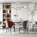 Modern Dining Room Interior With Round Chandelier Gray Brown Chairs Bookshelf And Decorative Wall Art