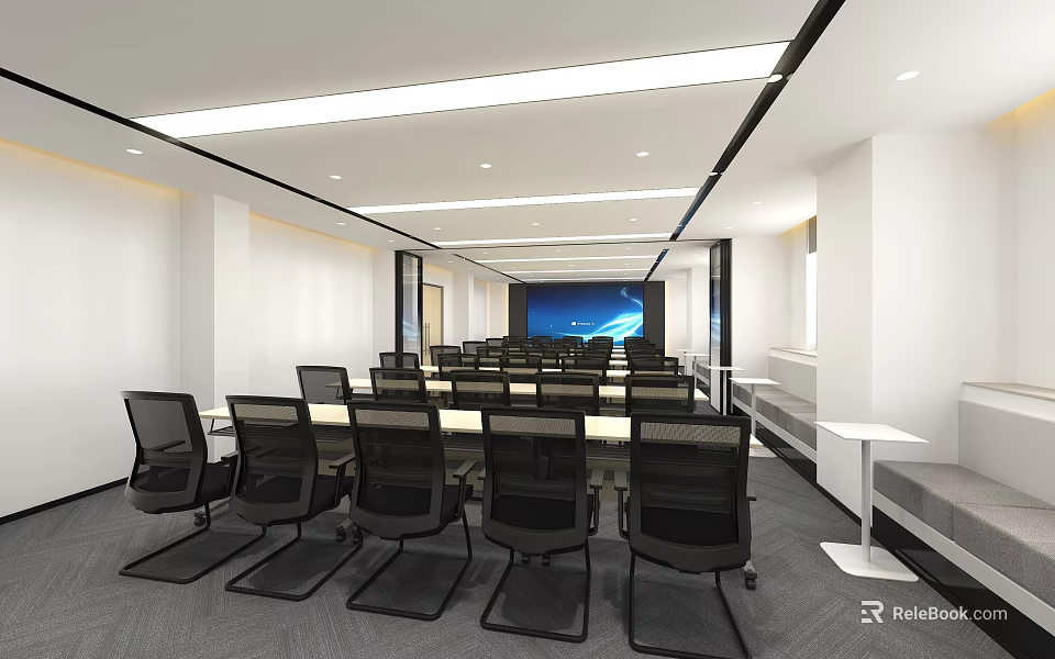 Modern Conference Room With Long Table Black Chairs Large Screen White Walls And Linear Lights 3d model 