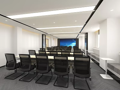 Modern Conference Room With Long Table Black Chairs Large Screen White Walls And Linear Lights 3d model