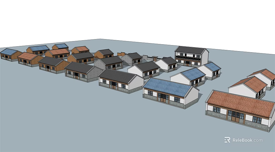 Village Residential Building Models With Different Roof Colors Arranged In Rows 3d model 