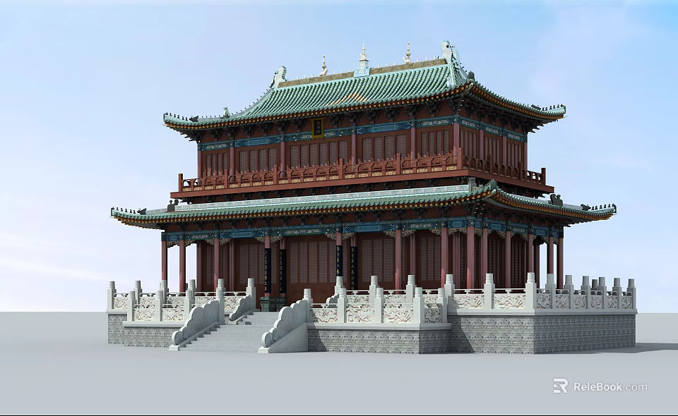 Ancient Chinese Architecture With Two Story Green Roof Red Pillars And Stone Steps 3d model 