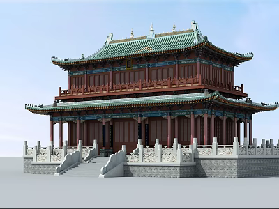 Ancient Chinese Architecture With Two Story Green Roof Red Pillars And Stone Steps 3d model