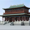 Ancient Chinese Architecture With Two Story Green Roof Red Pillars And Stone Steps