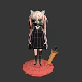 Woman with White Hair Cat Ears in Black Dress on Pink Base with Orange Sword