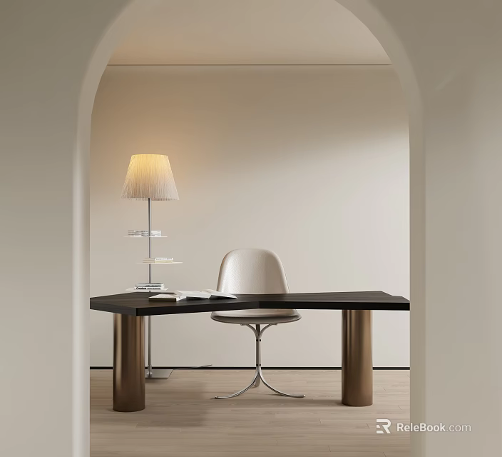Minimalist Modern Desk With Black Top Metal Legs White Chair And Table Lamp 3d model 
