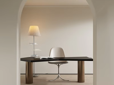 Minimalist Modern Desk With Black Top Metal Legs White Chair And Table Lamp 3d model