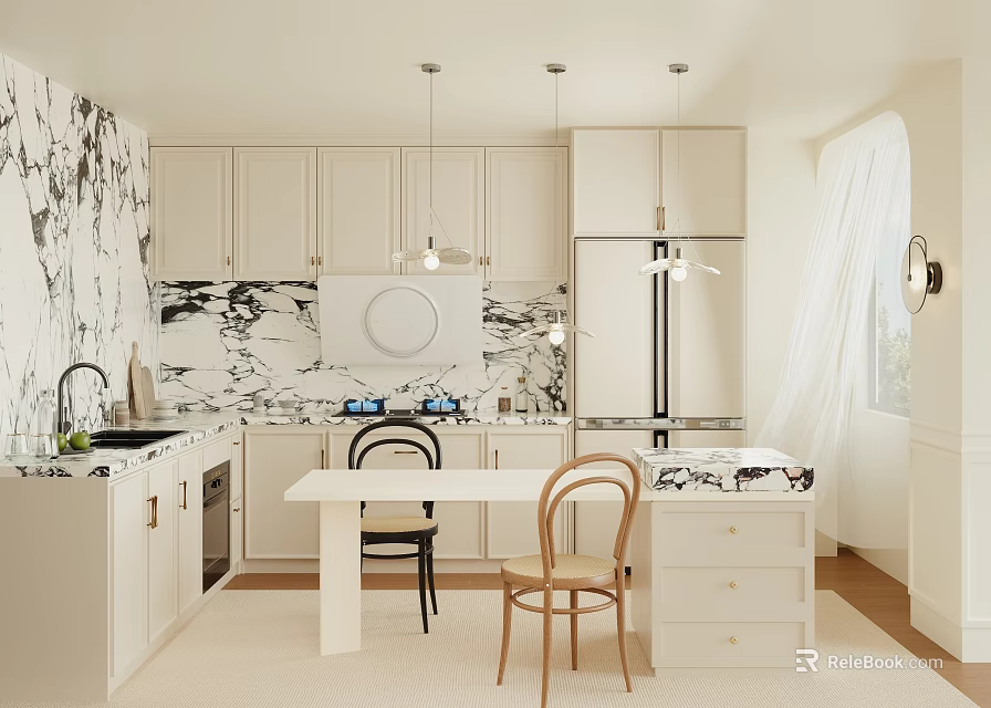 Modern Kitchen Interior With White Cabinets Marble Wall Central Dining Table Chairs And Pendant Lights 3d model 