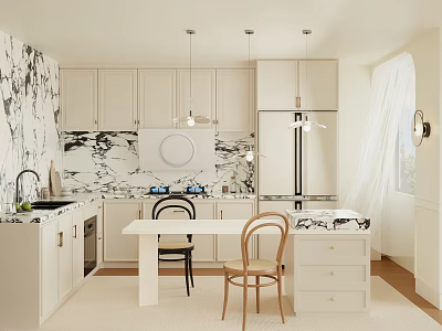 Modern Kitchen Interior With White Cabinets Marble Wall Central Dining Table Chairs And Pendant Lights 3d model