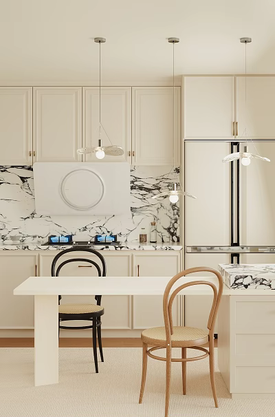 Modern Kitchen Interior With White Cabinets Marble Wall Central Dining Table Chairs And Pendant Lights 3d model