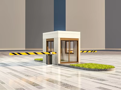 Contemporary Security Booth With Glass Windows Yellow Black Barrier Tape Grass Area And Marble Floor 3d model