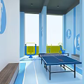 Blue Themed Indoor Sports Fitness Area With Ping Pong Table And Yellow Equipment