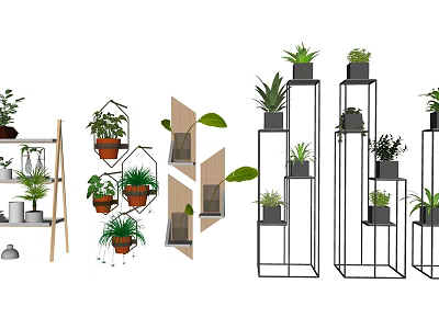 Creative Garden Decor Display With Metal Racks Wooden Shelves And Hanging Potted Plants 3d model