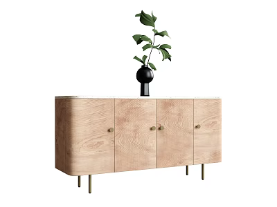 Modern Minimalist Wooden TV Stand With Cabinet Doors Metal Legs And Green Plant Black Vase 3d model