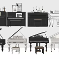 Various Musical Instruments Featuring Upright And Grand Pianos In Black White With Stools