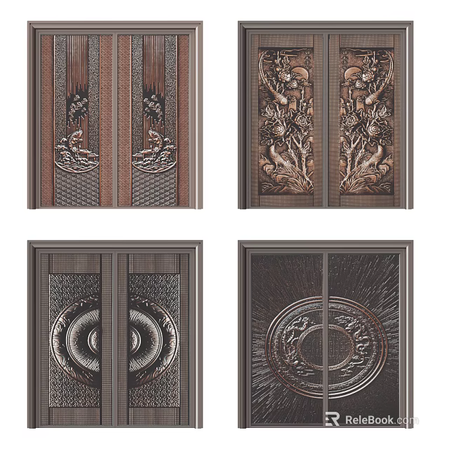 Chinese Style Ornate Carved Entry Doors With Dragon Relief And Brass Design 3d model 