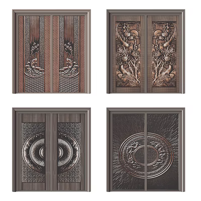 Chinese Style Ornate Carved Entry Doors With Dragon Relief And Brass Design 3d model